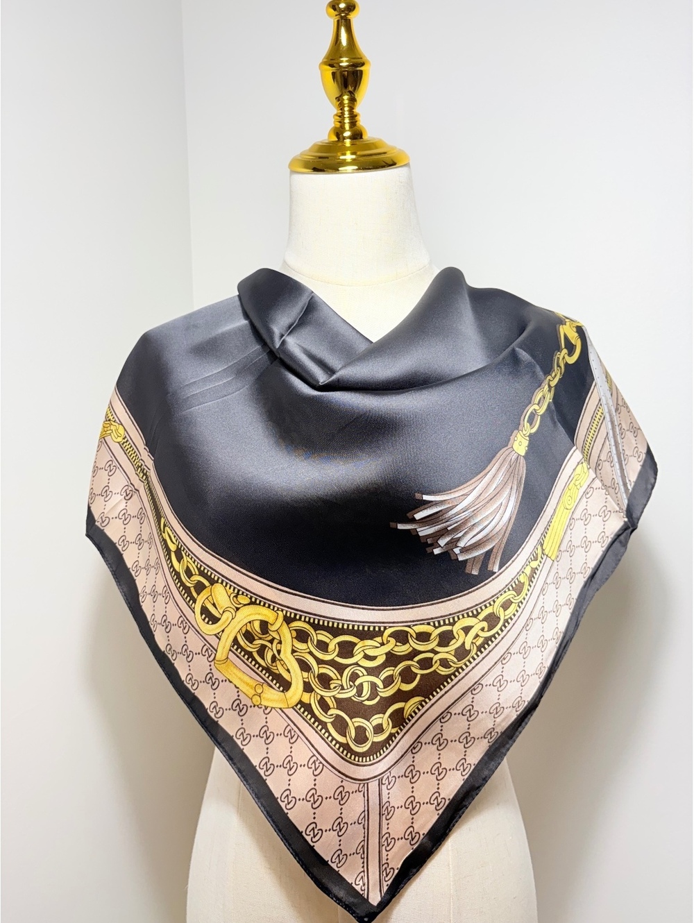 Elegant Black and Beige Square Satin Scarf with Gold Chain and Tassel Design